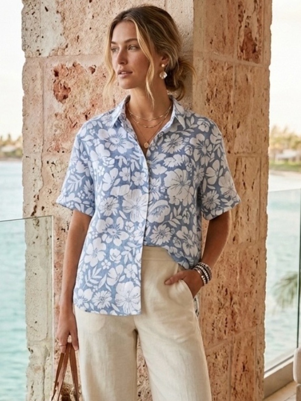 Whitney Linen (Canadian Designer) Floral Short Sleeve 100% Linen Shirt - Size M